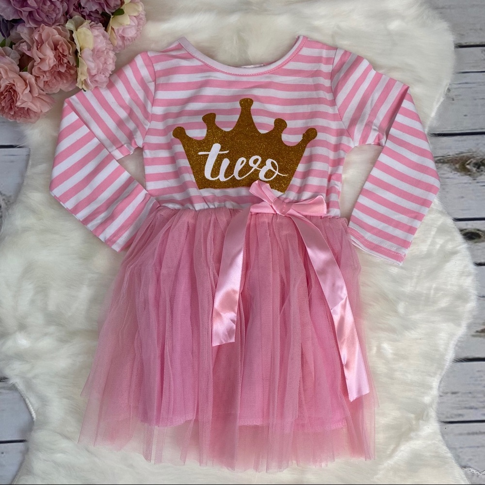 2nd Birthday Long Sleeve Pink Striped Dress with Tulle Skirt - Picture 2 of 8